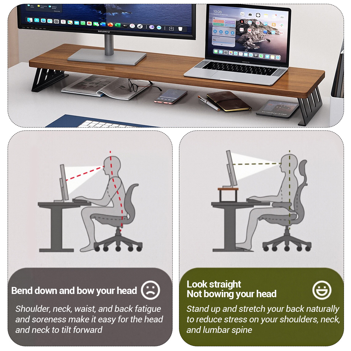 Wooden Laptop Stand with Storage Ergonomic Monitor Riser Desk Organiser ...