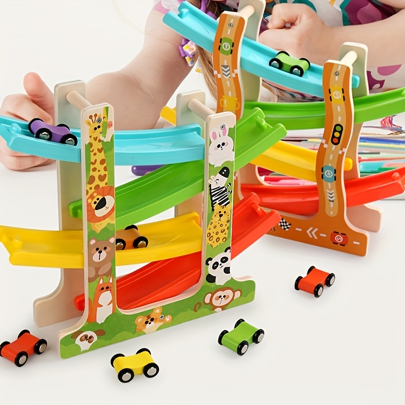 Kids' Wooden Car Ramp Glider – Four Track, Six Car, Multi-Level Racing ...