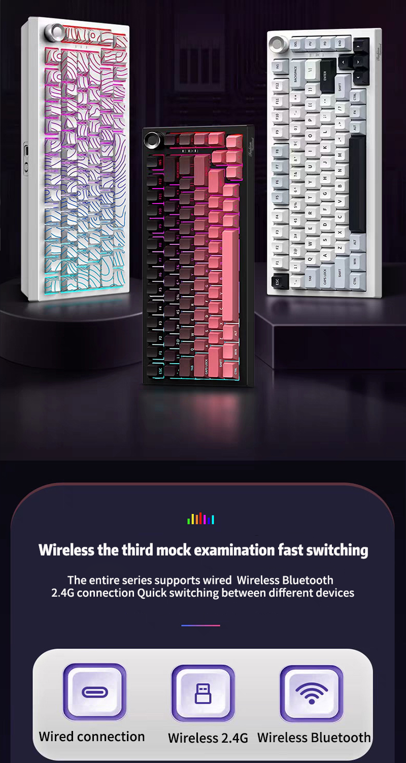 K81 Mechanical Keyboard 75% 81 Key RGB Tri-Mode Wired Bluetooth 2.4G ...