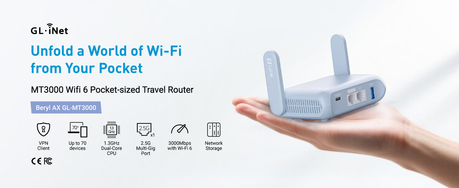 GL.iNet GL-MT3000 (Beryl AX) Portable WiFi 6 Gigabit Router for