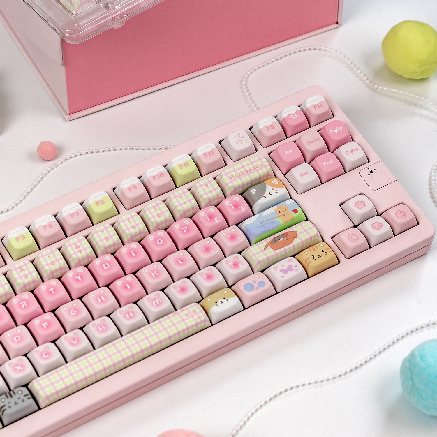 Kitty Party Keycaps COA profile PBT cute cats Pink keycap set for 6.25u ...