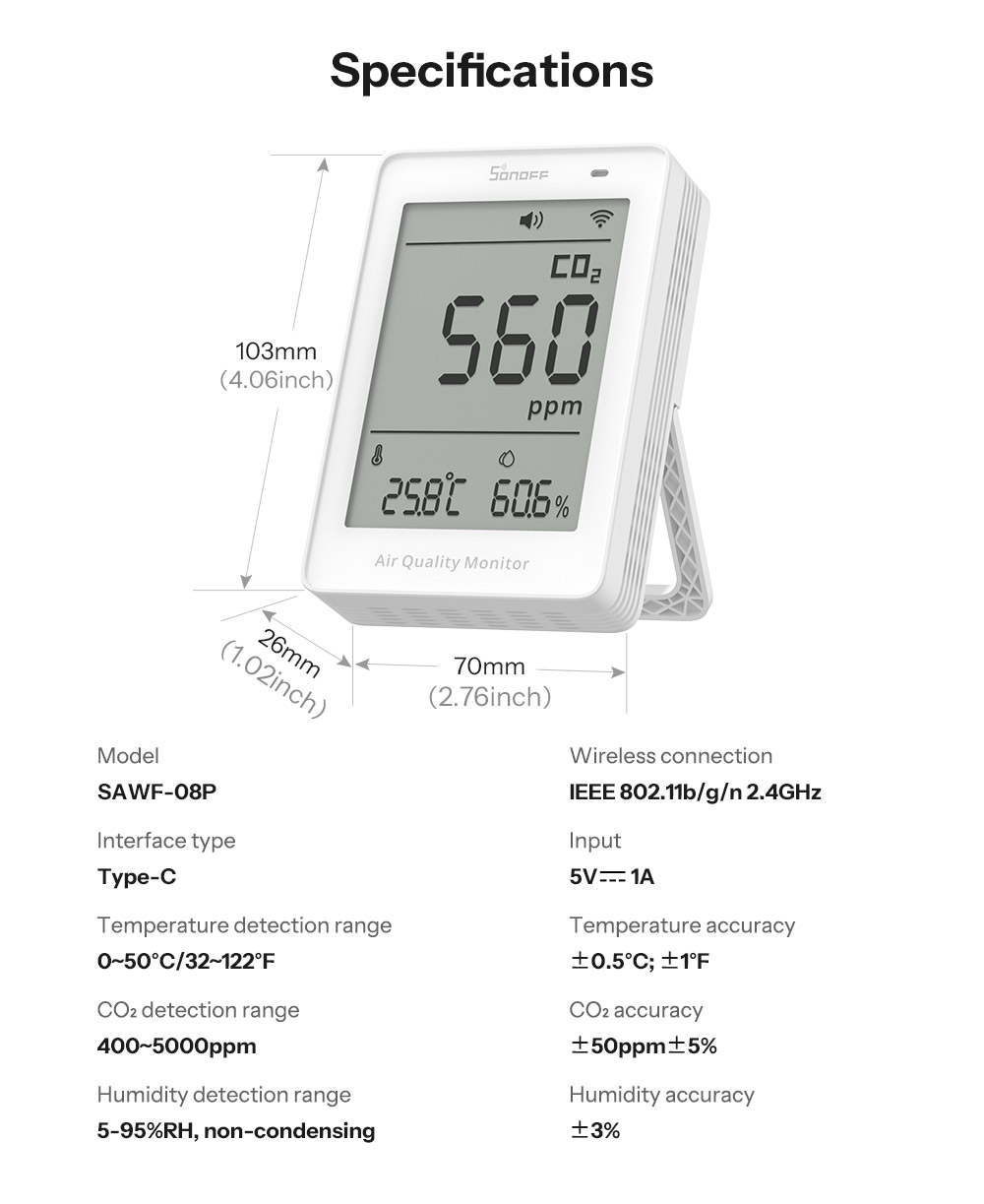 SONOFF SAWF-08P AirGuard CO2 Matter over Wi-Fi Air Quality Monitor ...