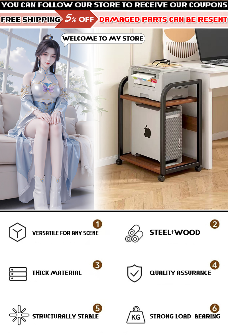 Movable Printer Rack Desk Side Storage Rack Book Shelf with Wheels File ...