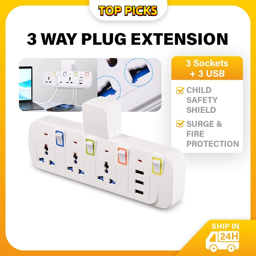 Power T-Adaport Multi Adaptor 3pin Universal Outlet USB Extension Plug ...