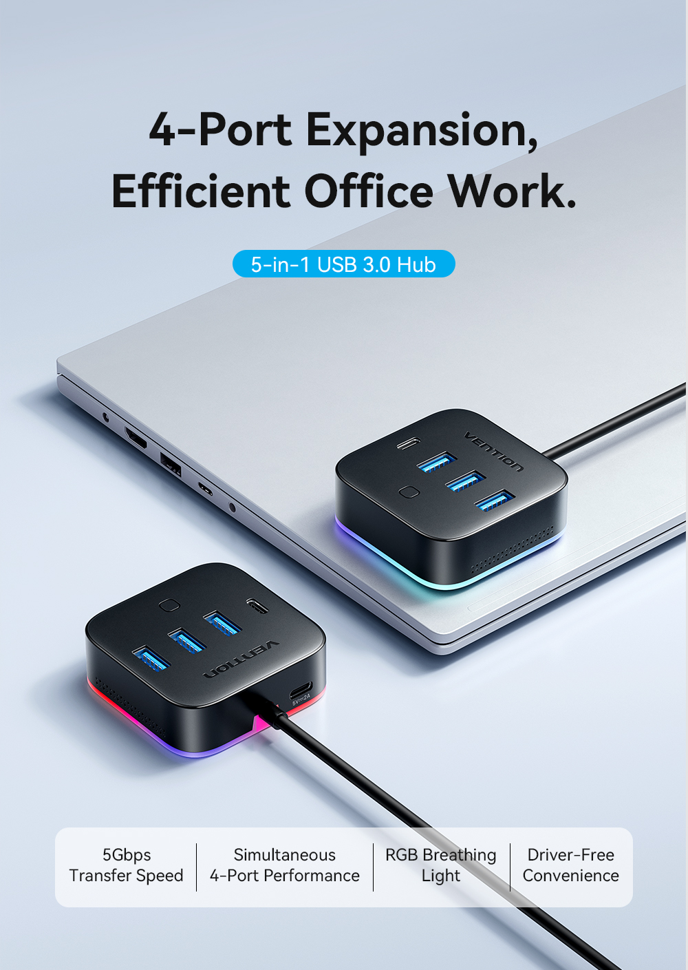 Vention USB Desktop Hub 4-Port 5-in-1 RGB HUB for Computers/Hosts/High ...