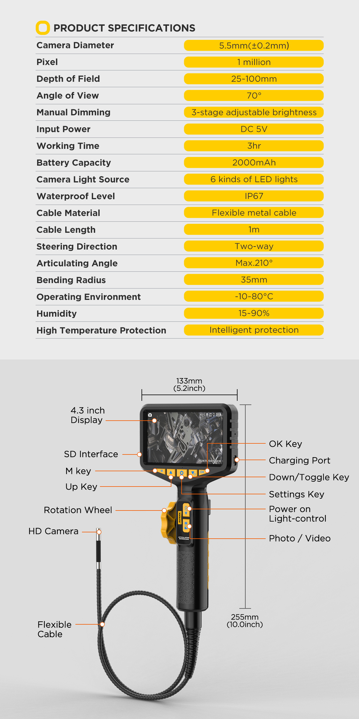 AUTOOL SVB305 Articulating Video Borescope with 4.3inch HD Display IP67 ...