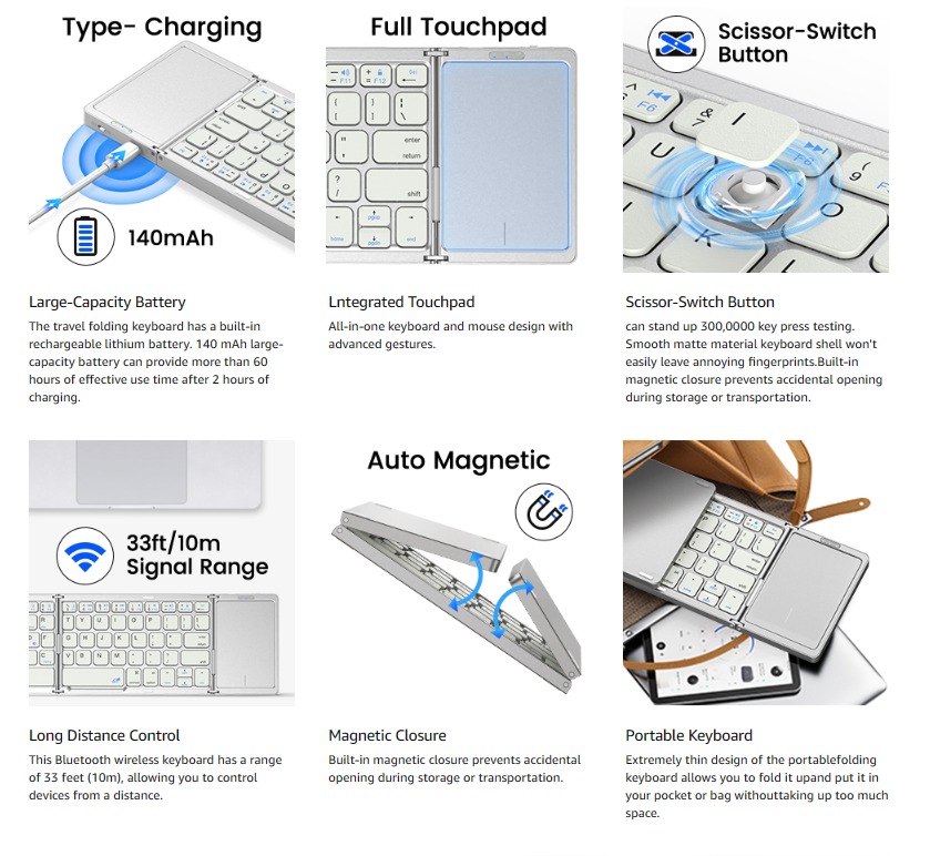 Foldable Bluetooth Mini Keyboard, Folding Portable Wireless Keyboard ...