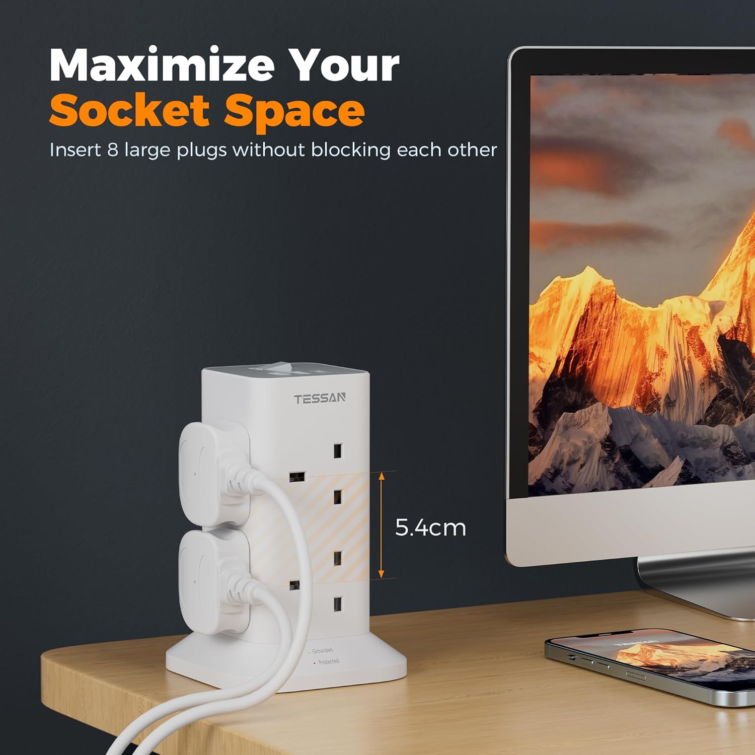 TESSAN Tower Extension Plug with USB Type C Multi Plug Extension Socket ...