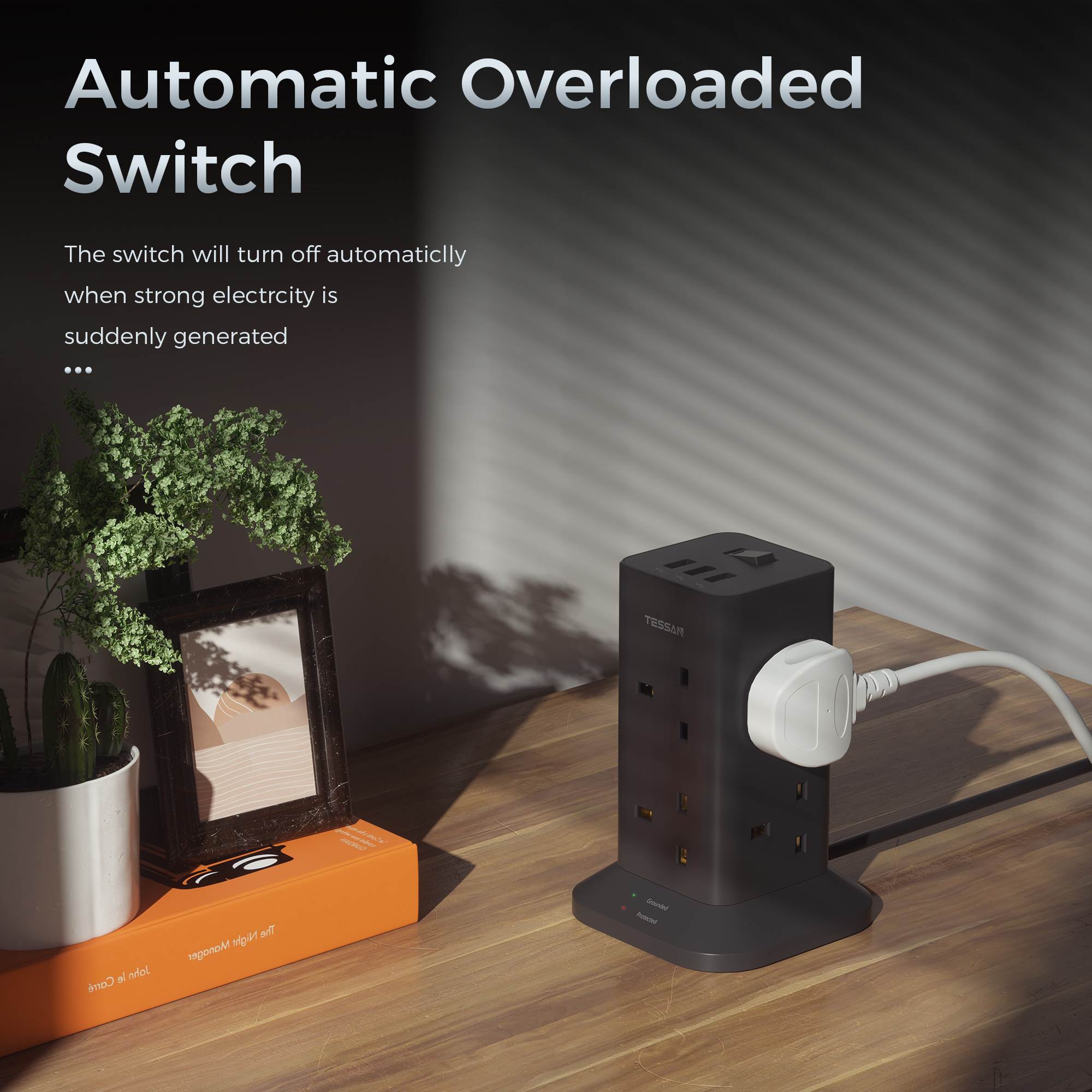 TESSAN Tower Extension Plug with USB Type C Multi Plug Extension Socket ...