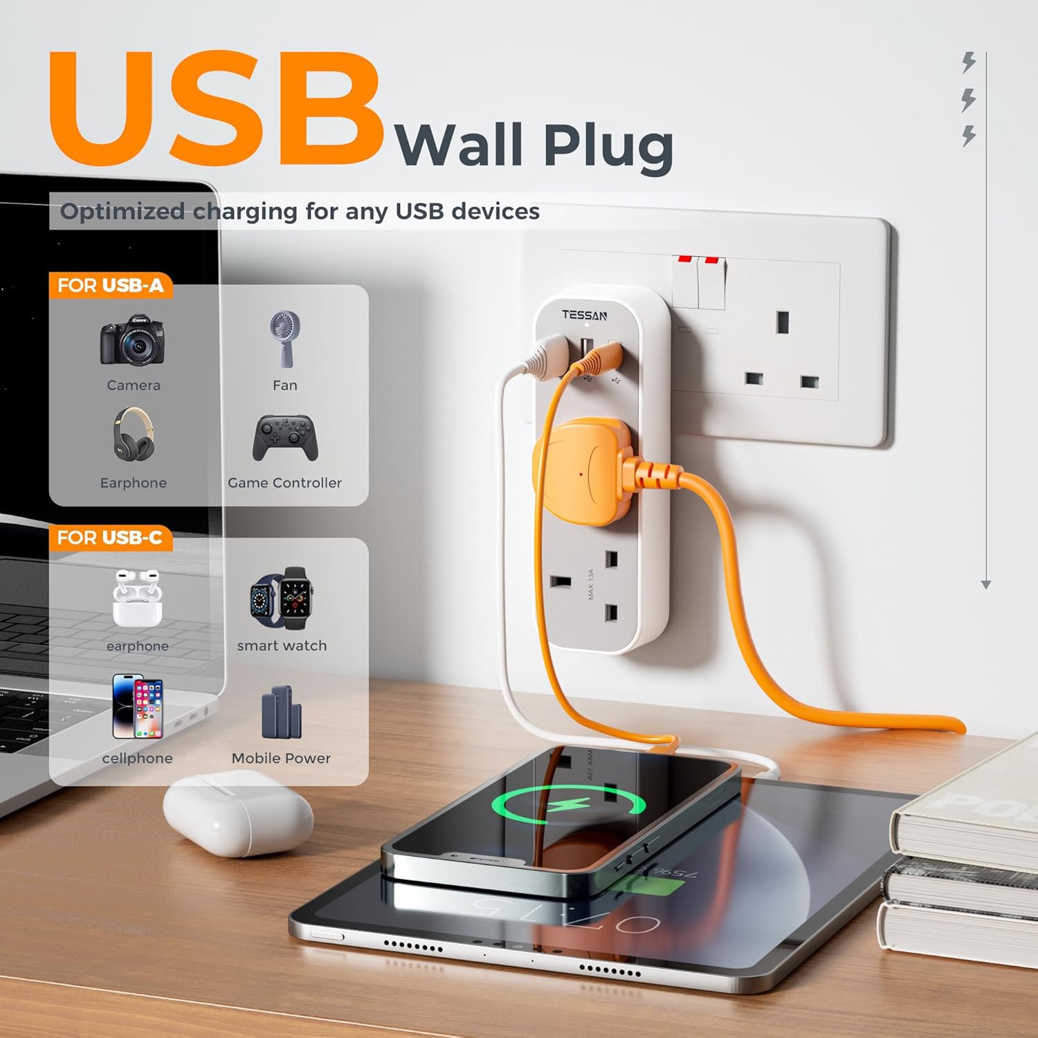 TESSAN Extension Multi Plug with USB+Type C, Plug Adapter Extension ...
