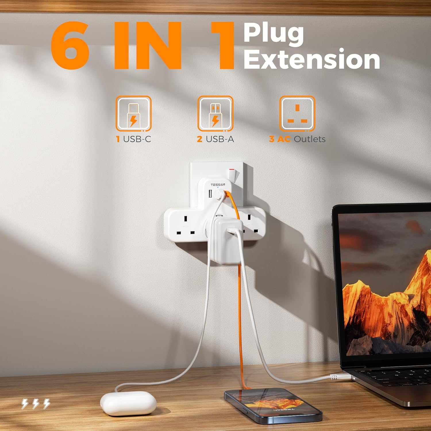 TESSAN Extension Multi Plug with USB+Type C, Plug Adapter Extension ...