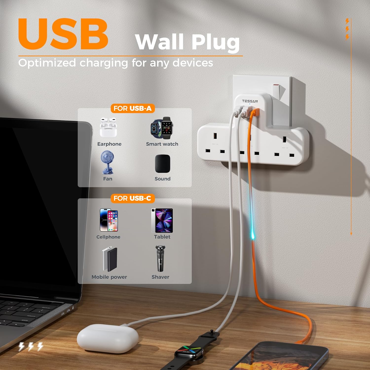 TESSAN Extension Multi Plug with USB+Type C, Plug Adapter Extension ...