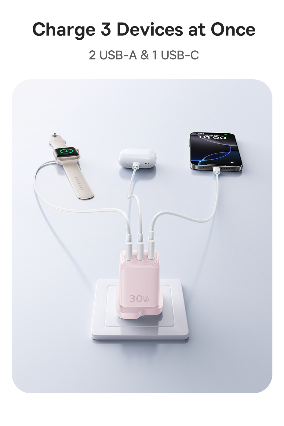 Baseus EnerFill FN11 30W Fast Charger UK Plug 2 USB + USB-C PD Multi ...