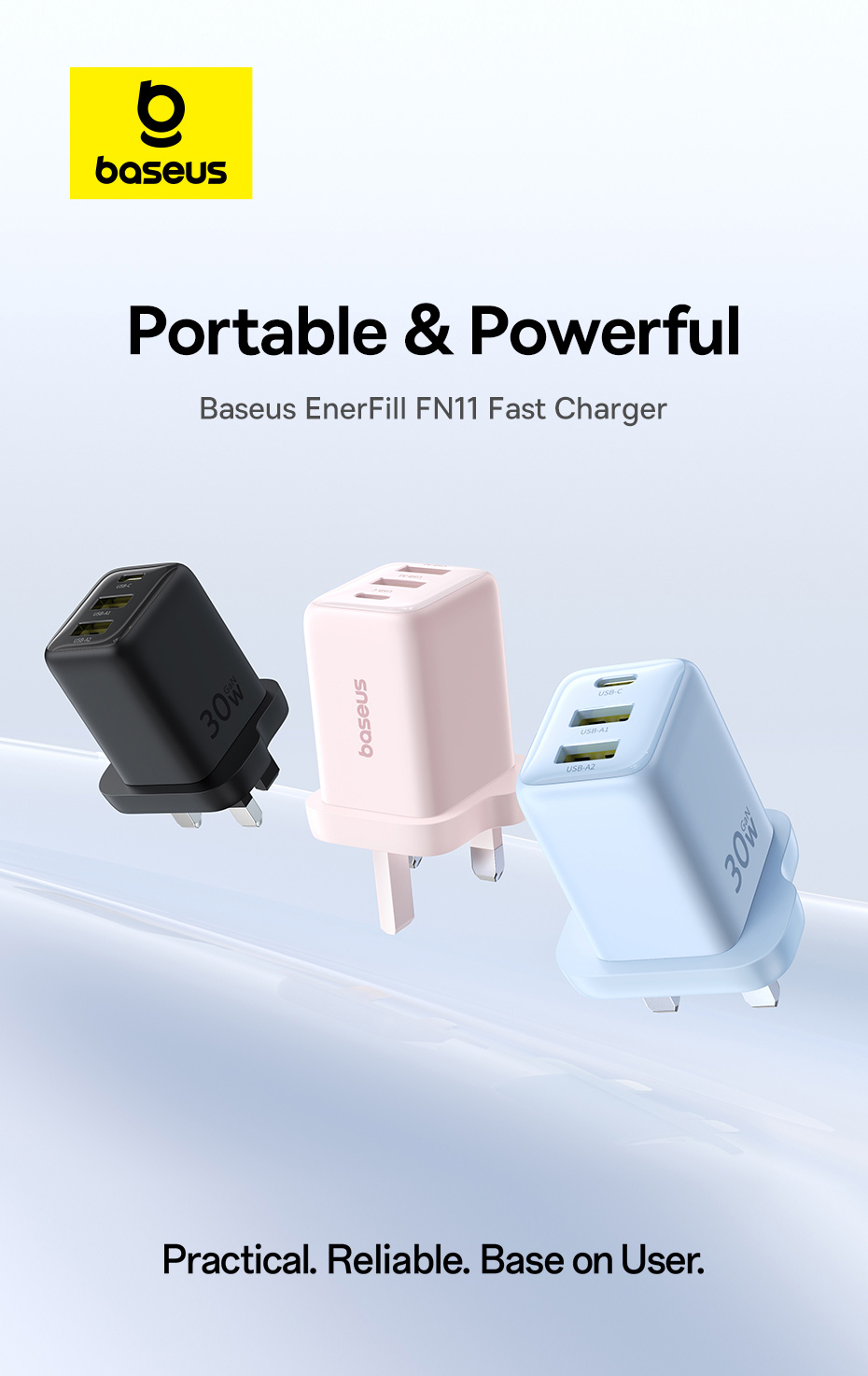 Baseus EnerFill FN11 30W Fast Charger UK Plug 2 USB + USB-C PD Multi ...