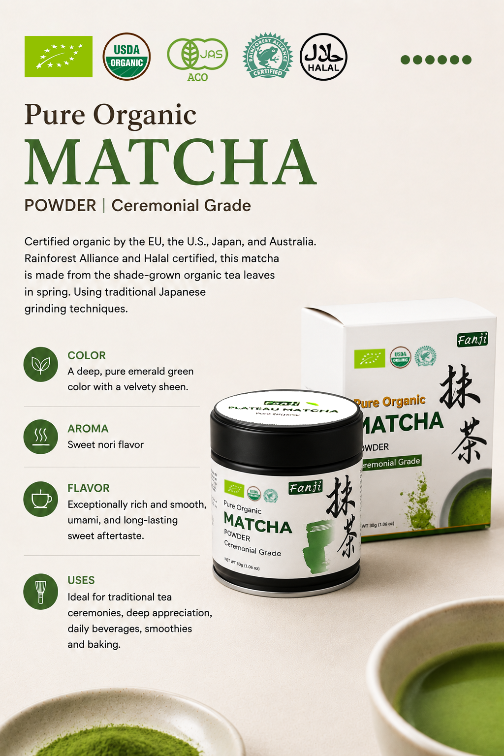 Fanji Organic Matcha Powder 30g Ceremonial Grade Matcha Green Tea ...