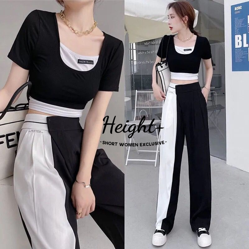 [Height+] Summer Fashion Sports Suit Women's Short-Sleeved T-Shirt+Wide-Leg Trousers Two-Piece Clothing