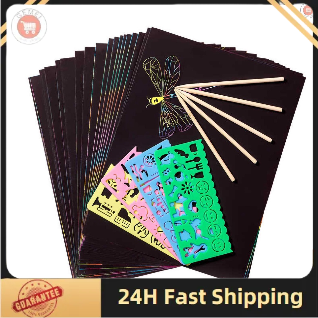 Scratch Paper Art Set Rainbow Magic Scratch Paper 50 PCS for Kids Black