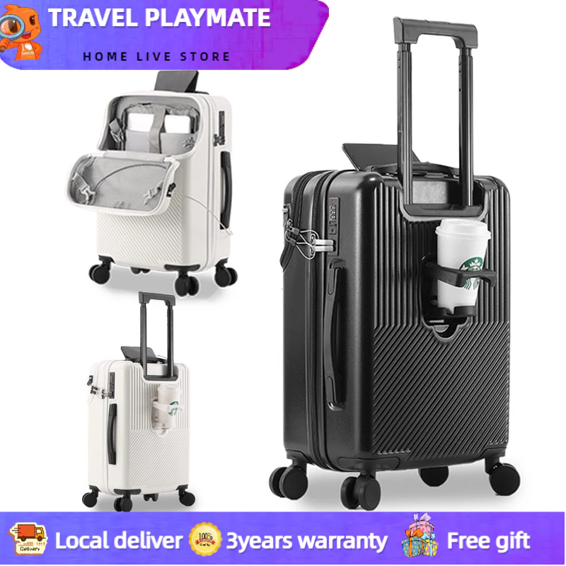 Hard Luggage with cup holder USB Charging Suitcase Front Opening ...