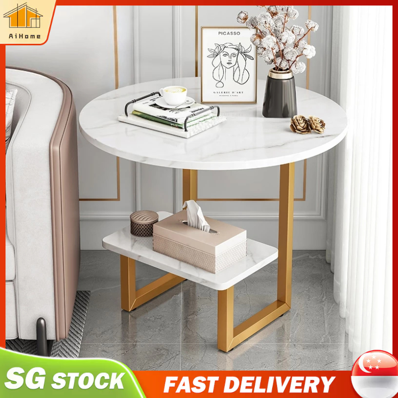 Meja Kopi Coffee Table Double storage Small Coffee Table Corner Sofa Side Table Small Round Table Steel Frame Legs