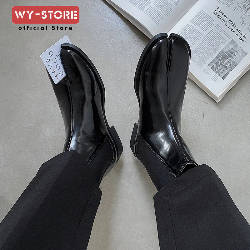 Men's split toe leather boots square toe leather shoes English style ...