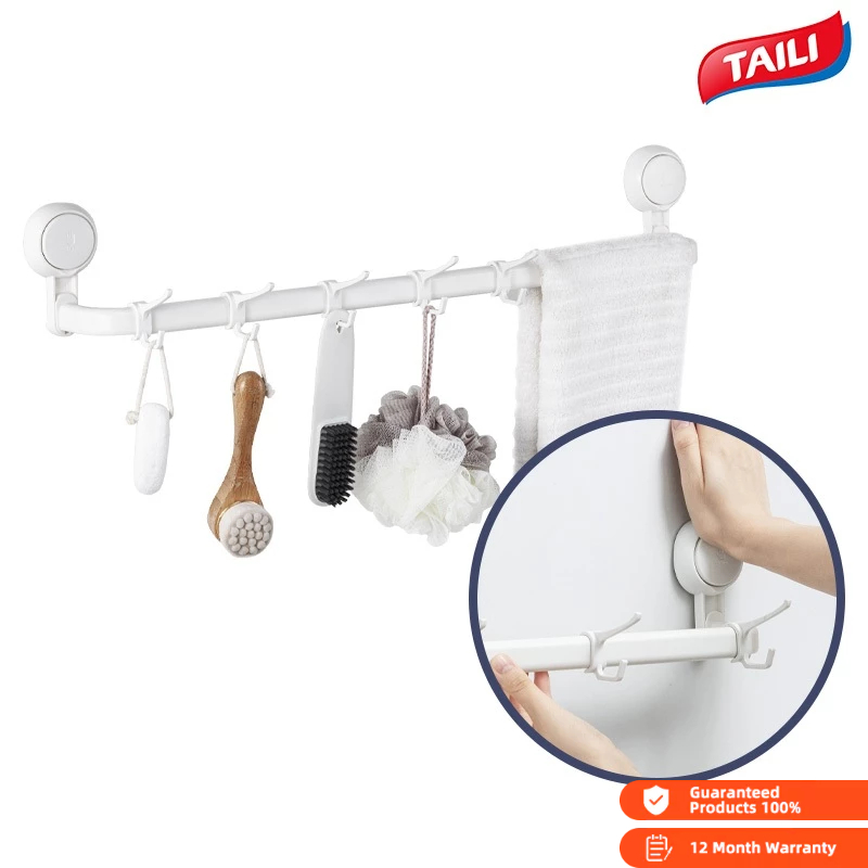 TAILI Vacuum Suction Cup Towel Rack Bathroom Kitchen No Drill No Drill Towel Bar With 5 Hooks Shopee Singapore