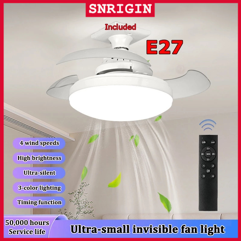 Snrigin LED Invisible Fan E27 Threaded Port Three-Color Dimming 4-Speed ...