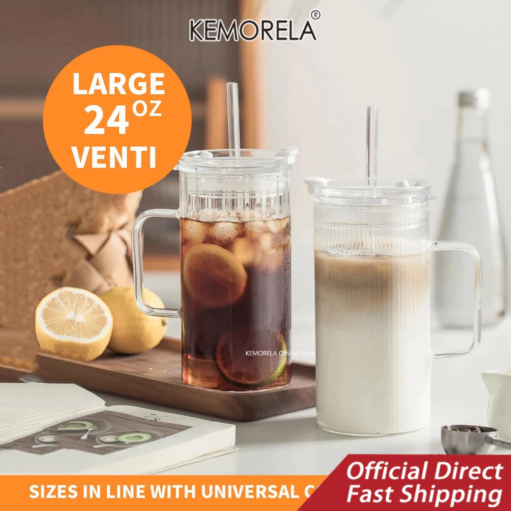 KEMORELA 2PCS Glass Tumbler with Lid and Straw - 24oz Ribbed Drinking ...