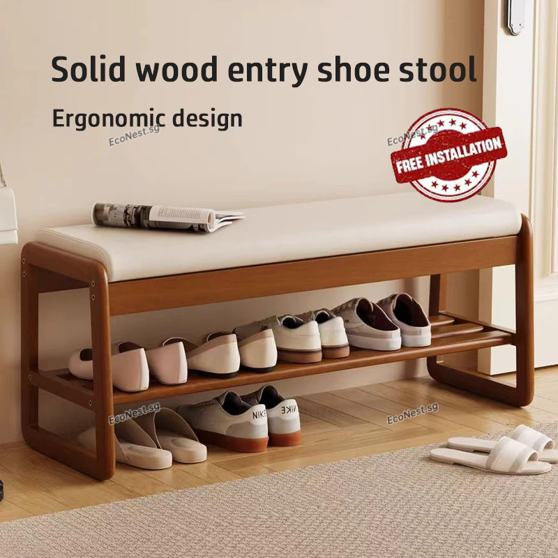 Shoe Rack With Seat Shoe Stool Solid Wood Changing Wearing Soft Bag ...