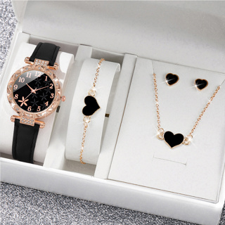 Fashion Diamond Flower Dial Ladies Belt Quartz Watch+Love Jewelry Set