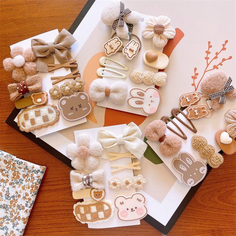 9 Pcs/Set Cute Little Bear Children's Hair Clip Plush Bow Flower Girl