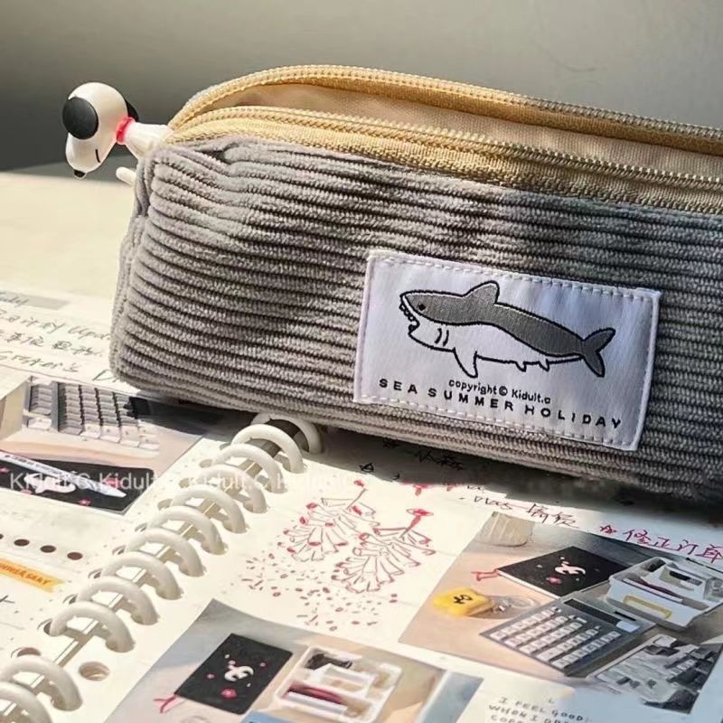 Korean Cute Shark Corduroy Penci Bag Large Capacity Dirty Pencil Case
