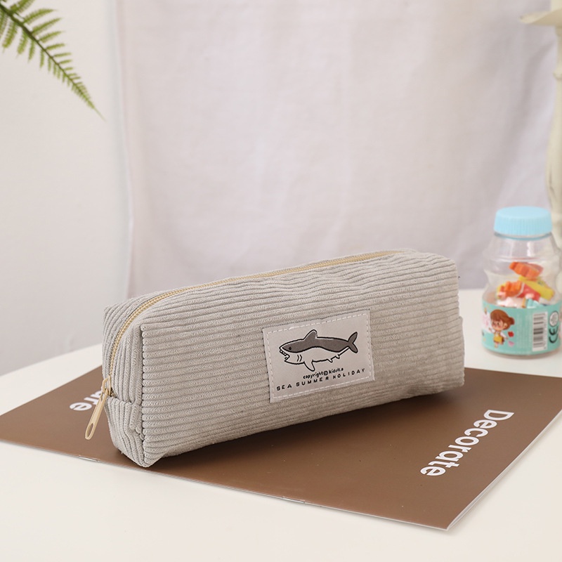 Korean Cute Shark Corduroy Penci Bag Large Capacity Dirty Pencil Case