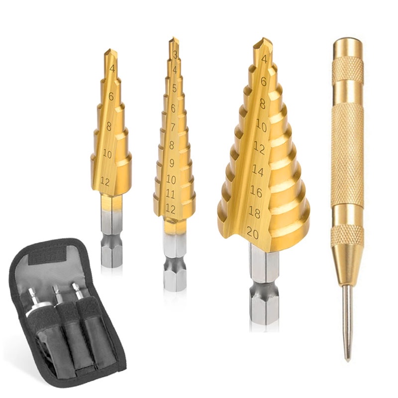 3-12mm 4-12mm 4-20mm Step Drill Bit HSS Titanium Coated Hex Shank Core Drilling Tools for Wood Metal Hole Punch