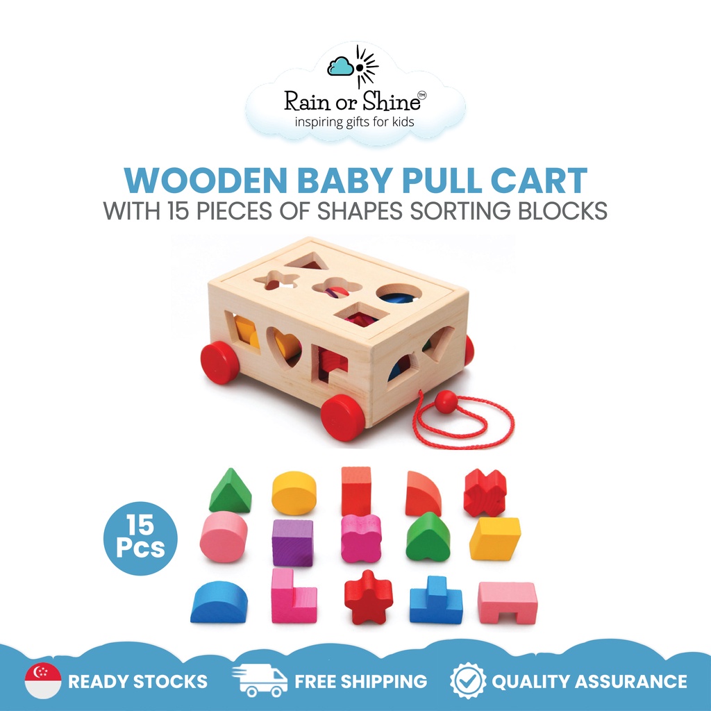 15 Pieces Shape Sorting Blocks with Wooden Baby Pull Cart - Montessori ...