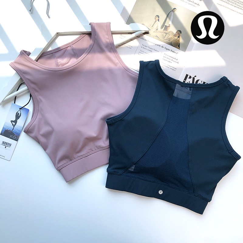 lulu sports bra nude mesh panel short fitness vest with chest pad sleeveless sports top skin-friendly yoga wear