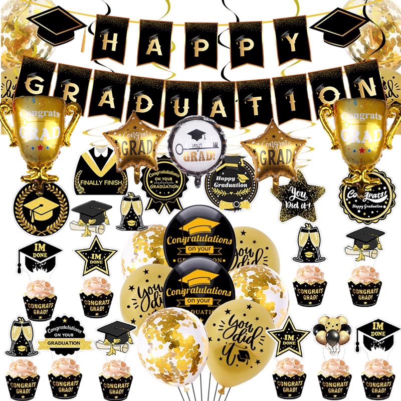 Hot Black Gold Graduation Season Party Congratulation Graduation Banner ...