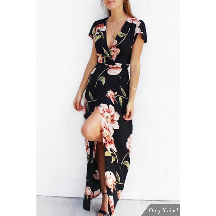 Ready stock YOINS Low Cut V neckline Random Floral Print Wrap Maxi Dress Shopee Singapore