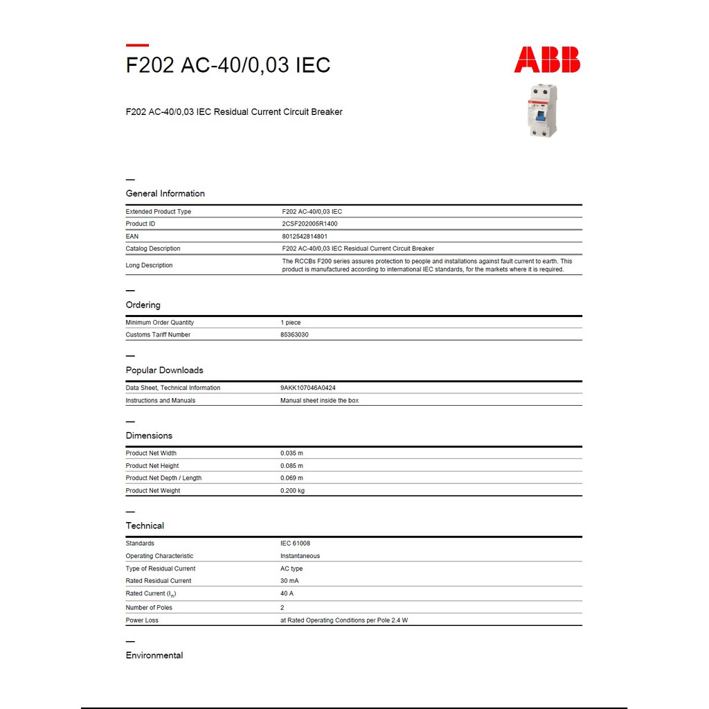 ABB RCCB F202 AC-40/0.03 30mA 40A 2Pole ELCB | Shopee Singapore