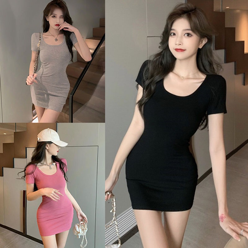 Sexy U Collar Tight Dress Women Short Sleeve Solid Color Bodycon Dress