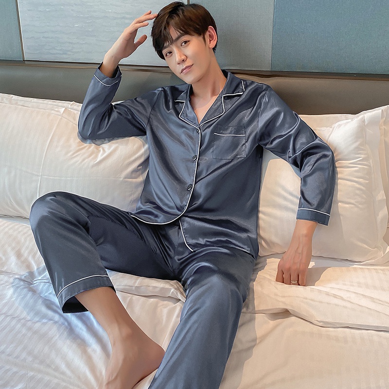 Men's Plus Size M-5XL Silk Satin Pyjamas Set Boys Male Baju Tidur Home ...