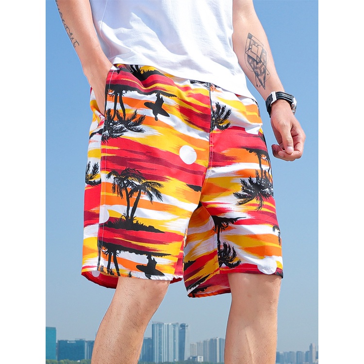Shorts Men's Summer Seaside Casual Thin Five-Point Pants Flower Big Red ...