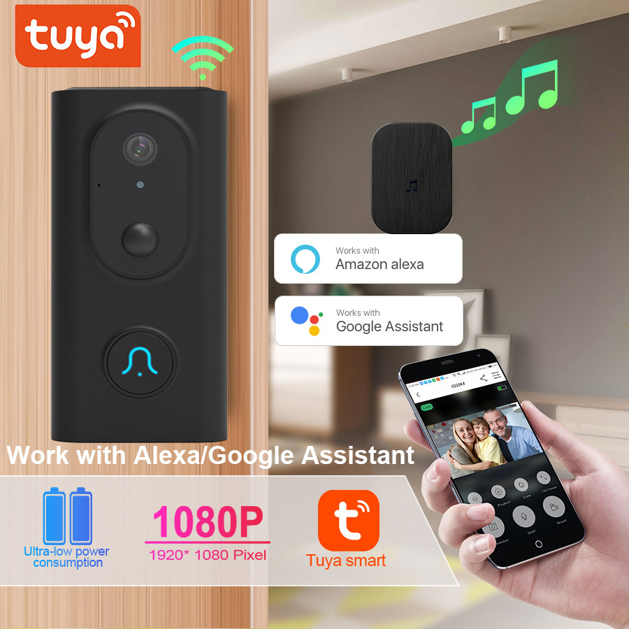 Tuya Smart life APP Chime USB Receiver Night Vision Intercom Monitor Door  Bell Camera Voice Wireless Wifi Smart Video Doorbell with Battery