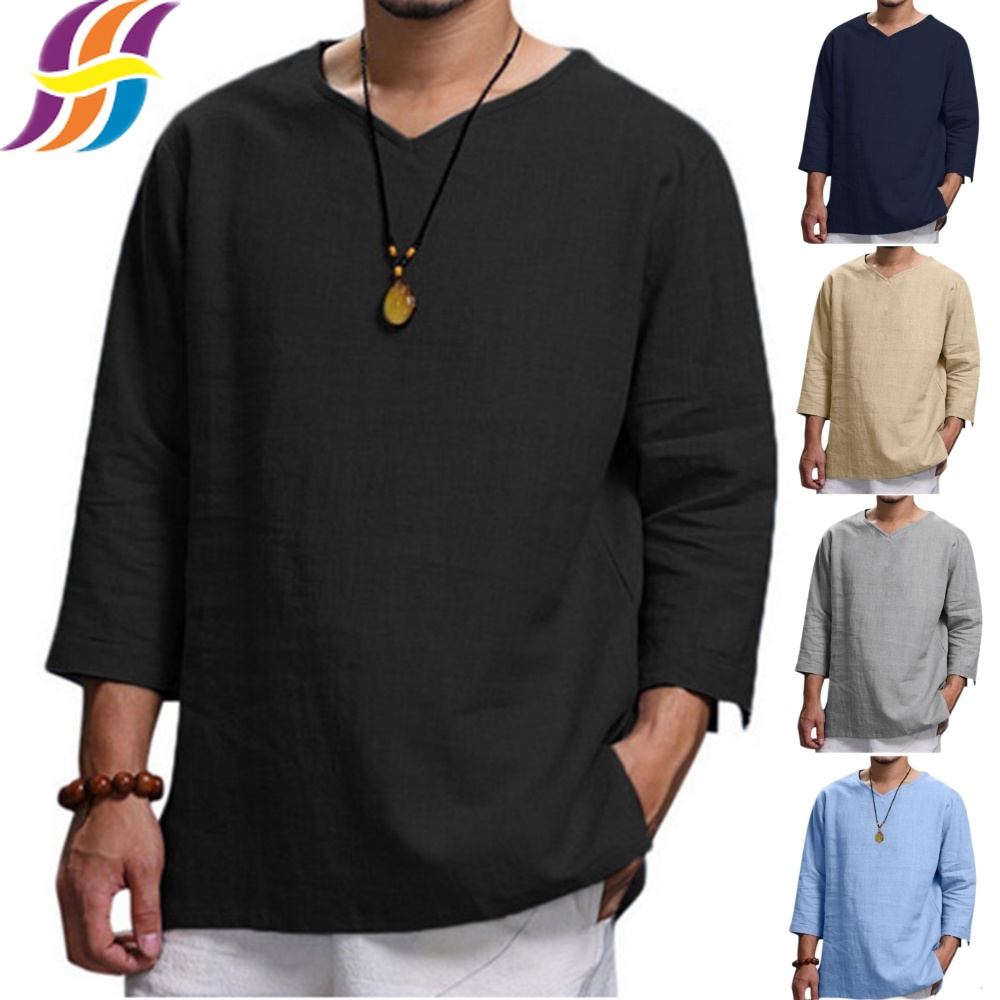 Men's Henley Shirt Kurta 3/4 Sleeve Cotton Linen Yoga Shirts Loose ...