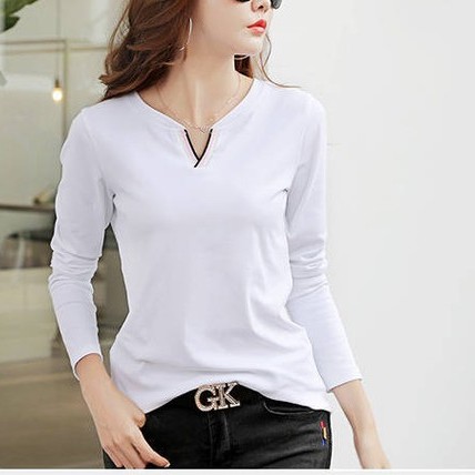 long sleeve v neck white shirt