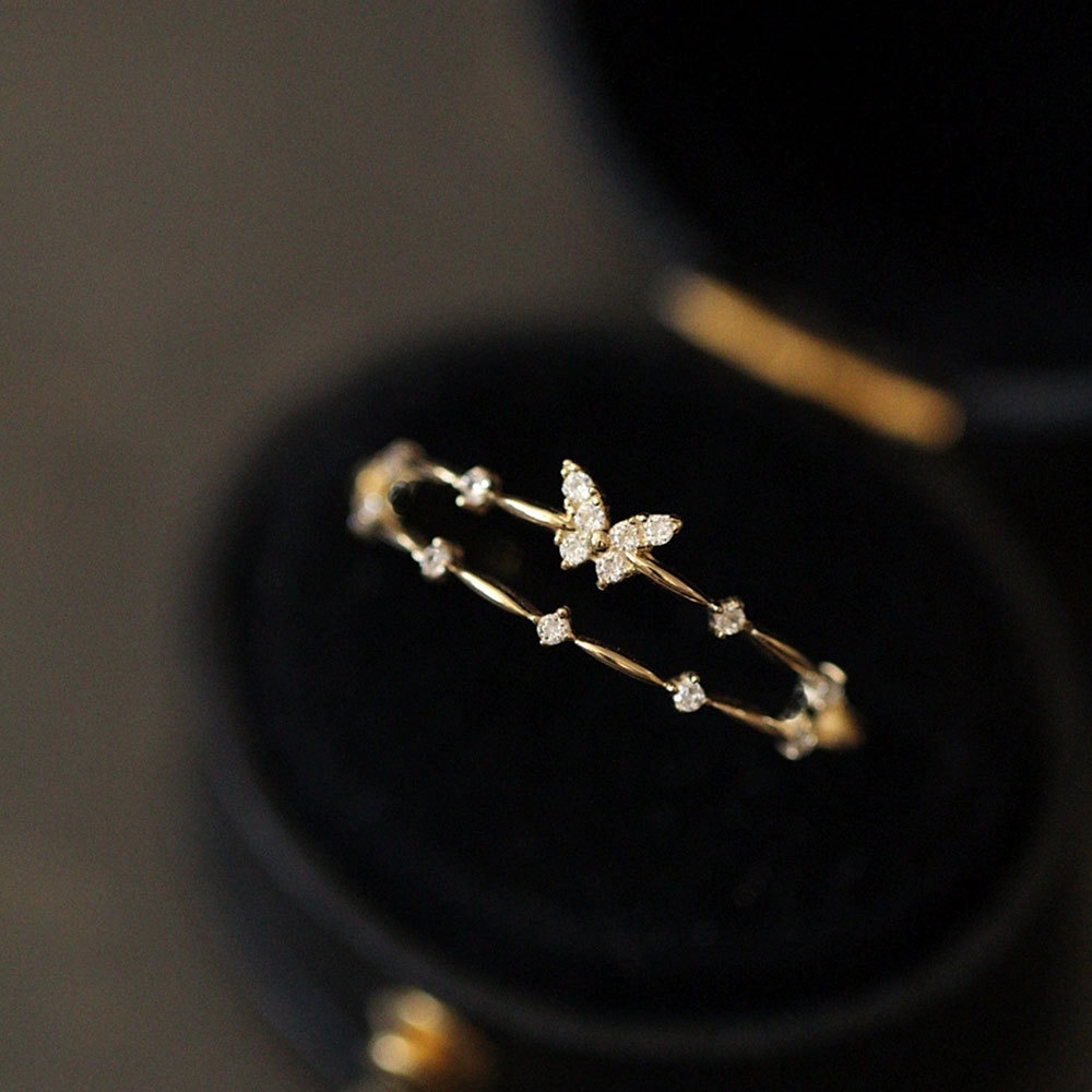 Korean Simple Style Butterfly Diamond Crystal S925 Sterling Silver Gold Women Fashion Jewelry Wedding Engagement Rings