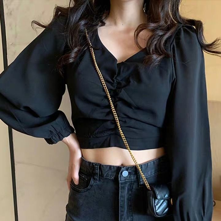 Niche New Style chic Korean Style Puff Sleeve Short Black Slimmer Look Top Long-Sleeved T-Shirt Women's Clothing