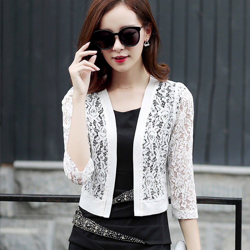 Women Summer Solid Color Open Front Thin Cardigan Chiffon Sun Protection Short Lace Clothing Tops