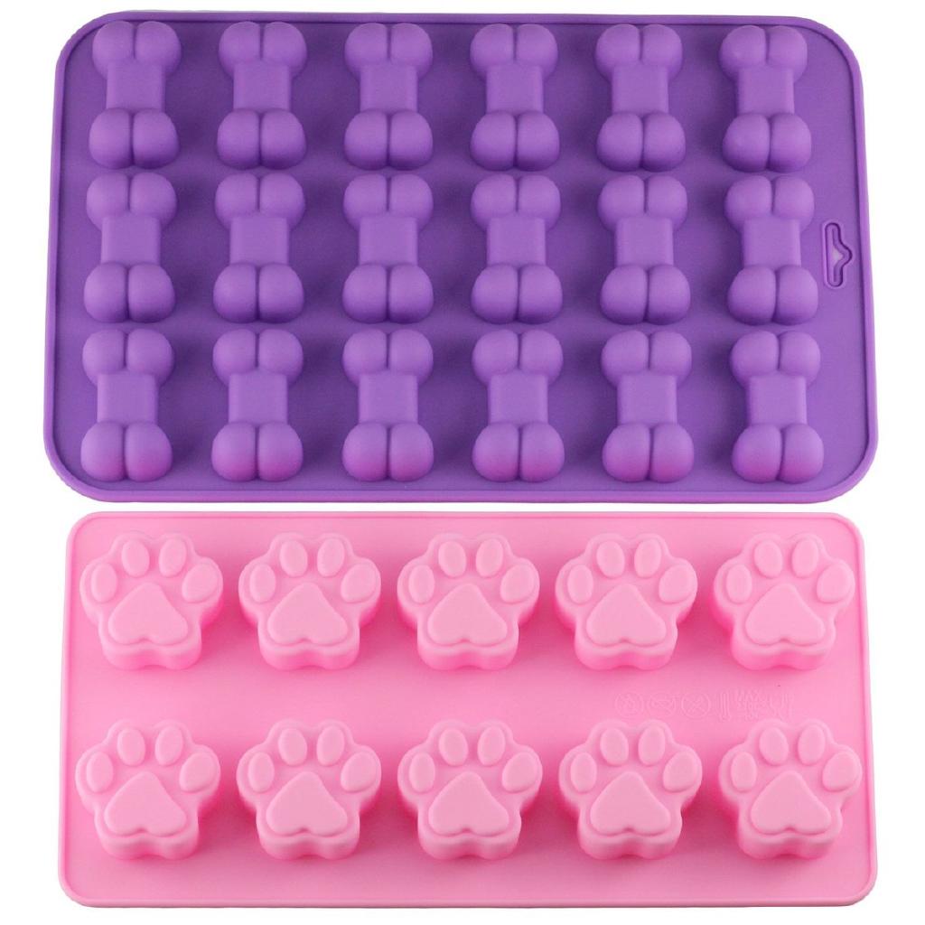 2 Pcs Silicone Puppy treat molds, Dog Paw and Bone Mold Ice Cube Mold, Blue