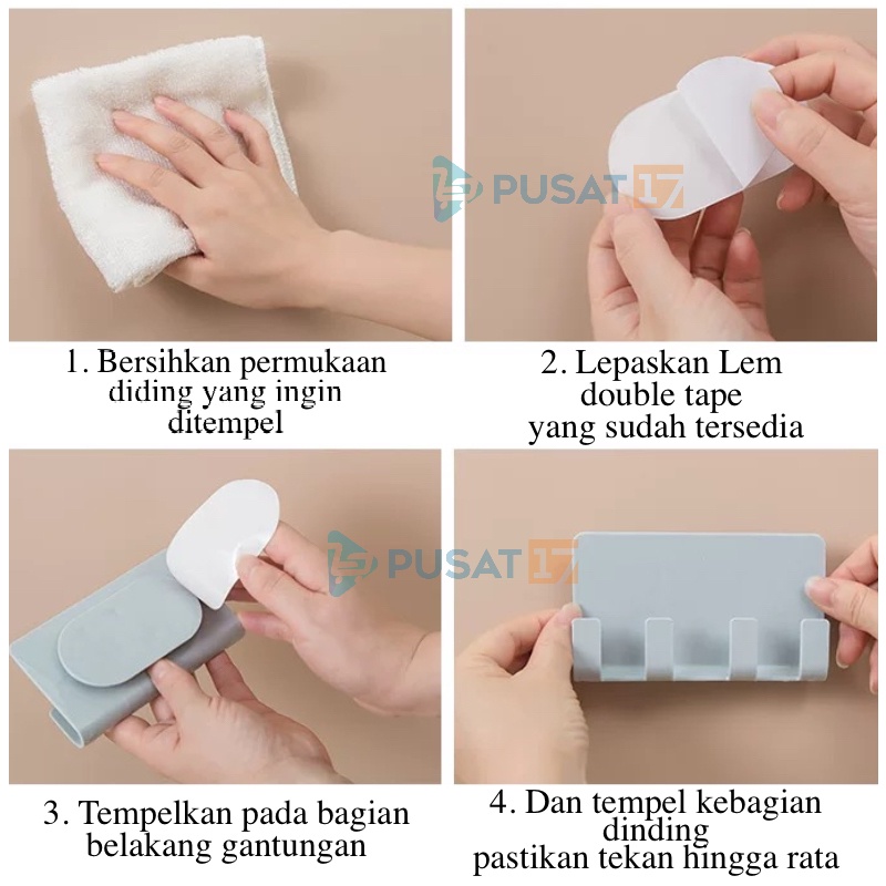 PUSAT17 GANTUNGAN TEMPEL DINDING 4 KAIT / GANTUNGAN BAJU / GANTUNGAN KAMAR MANDI DAPUR/ RAK CHARGER HP TEMPEL HOOK AJAIB / GANTUNGAN COLOKAN - Gambar 4