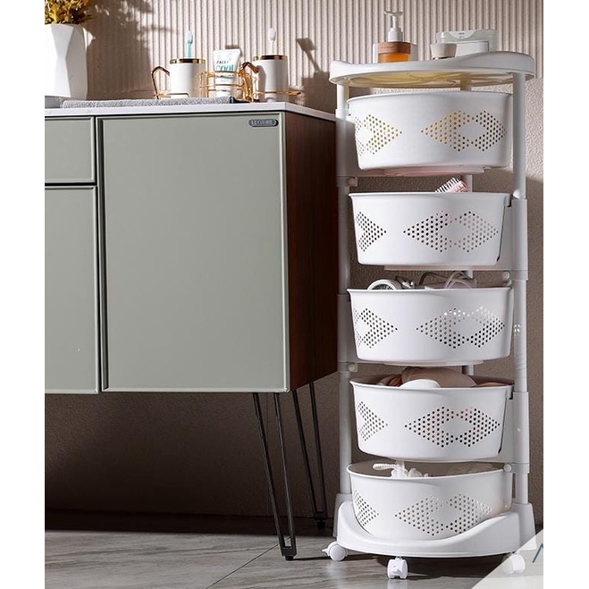 Round Trolley Rack Multi-Purpose 5 Tier Kitchen Rack Plastic Wheels ...